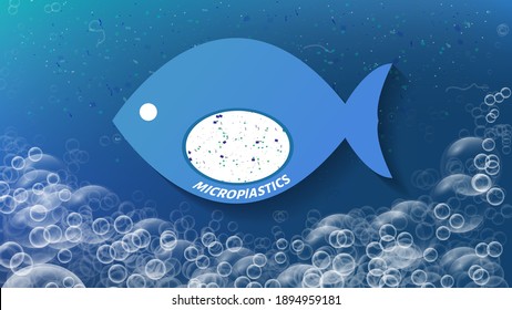 Microplastic nurdles vector illustration causing water pollution. Plastic single-use bags, bottles, cups, straws, and other polyester and polypropylene pieces. Fish with a stomach full of plastic.