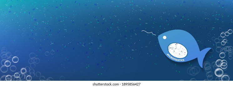 Microplastic nurdles vector illustration causing water pollution. Plastic single-use bags, bottles, cups, straws, and other polyester and polypropylene pieces. The fish is eating micro plastic.