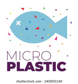 Microplastic particles in the water and inside dead fish. Ocean pollution ecology problem. Environmental impact on nature vector flat concept. Health risk of micro plastic pieces in food.