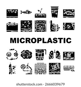 microplastic pollution ocean icons set vector. environment plastic, debris, contamination marine, particles health, impact wildlife microplastic pollution ocean glyph pictogram Illustrations