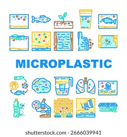 microplastic pollution ocean icons set vector. environment plastic, debris, contamination marine, particles health, impact wildlife microplastic pollution ocean color line illustrations