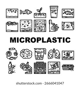 Contaminación microplástica Iconos del océano Conjunto de Vector. Medio ambiente Plástico, desechos, contaminación marina, salud de partículas, impacto Vida silvestre Contaminación microplástica Contorno del océano Negro Ilustraciones