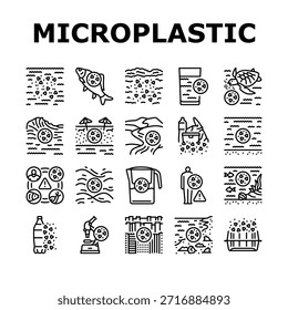 poluição microplástica ícones do oceano definir vetor. ambiente, contaminação, ecossistema marinho, detritos, toxicidade de resíduos poluição microplástica oceano contorno preto ilustrações