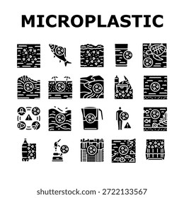 mikroplastische Verschmutzung Ozean Icons setzen Vektor. Umwelt, Kontamination, Ökosystem Meeres, Trümmer, Abfalltoxizität Mikroplastik Verschmutzung Ozean Glyphe Piktogramm Illustrationen