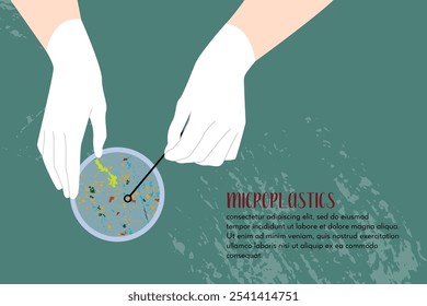 Mikroplastische Verschmutzung. Petrischale mit Mikroplastik. Wissenschaftler Hand in Handschuh Halteplatte mit Kunststoff. Wasser oder Bodenabfälle. Laboruntersuchung, chemische Analyse. Vektorgrafik mit flachem Cartoon