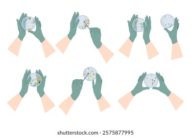 Microplastic pollution. Petri dish with microplastics. Scientist's hand in glove holding plate with plastic. Water or soil waste. Laboratory test, chemical analysis. Vector flat cartoon illustration