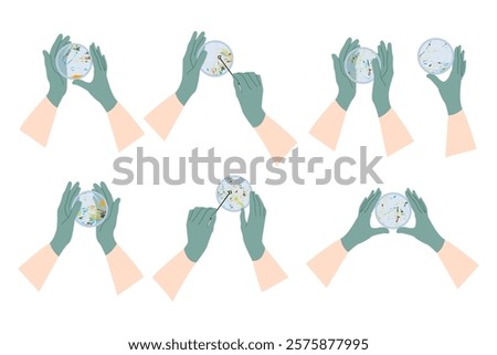 Microplastic pollution. Petri dish with microplastics. Scientist's hand in glove holding plate with plastic. Water or soil waste. Laboratory test, chemical analysis. Vector flat cartoon illustration