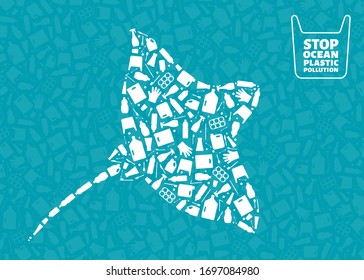 Microplastic trash planet pollution concept vector illustration. Ray marine fish outline filled with plastic trash flat icons. Single use plastic ecology crisis, marine animal life damage banner.