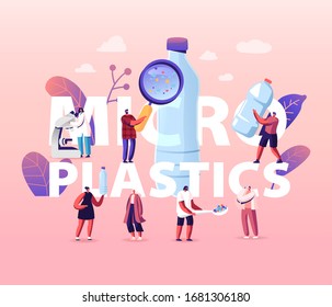 Microplastic in Water and Food Concept. Global Ocean Pollution. Problem. Tiny People Characters with Huge Microscope and Magnifying Glass, Ecological Poster Banner Flyer. Cartoon Vector Illustration