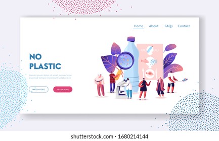 Microplastic in Water and Food Landing Page Template. Global Ocean Pollution. Ecological Problem. Male Female Tiny Characters with Microscope and Magnifying Glass. Cartoon People Vector Illustration
