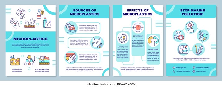 Plantilla de folleto sobre microplásticos. Fuente de microplásticos. Volante, folleto, folleto impreso, diseño de portada con iconos lineales. Diseños vectoriales para presentación, informes anuales, páginas publicitarias