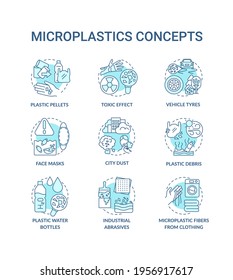 Microplastics concept icons set. Top environmental challenges idea thin line RGB color illustrations. Avoiding microplastics tips. Planet saving. Vector isolated outline drawings. Editable stroke