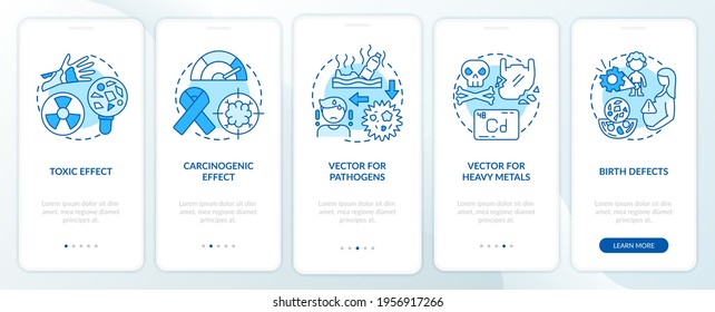 Microplastics health effects onboarding mobile app page screen with concepts. Birth defects walkthrough 5 steps graphic instructions. UI vector template with RGB color illustrations
