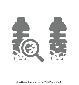 Microplásticos con ícono vectorial de partículas de botella plásticas. Microplástico o microplástico con símbolo de lupa para la contaminación.