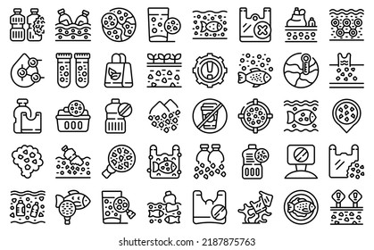 Microplastics pollution icons set outline vector. Fish environment. Ocean plastic