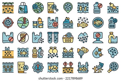 Microplastics pollution icons set outline vector. Fish environment. Ocean plastic thin line color flat on white