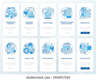 Microplastics sources onboarding mobile app page screen with concepts. Microplastic fibers from clothing walkthrough 10 steps graphic instructions. UI vector template with RGB color illustrations