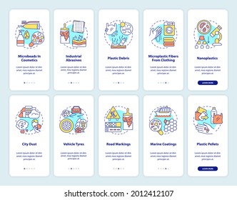 Microplastics sources onboarding mobile app page screen with concepts. Microplastic fibers from clothing walkthrough 10 steps graphic instructions. UI vector template with RGB color illustrations