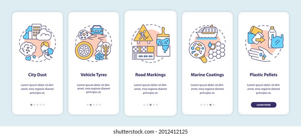 Microplastics sources onboarding mobile app page screen with concepts. City dust walkthrough 5 steps graphic instructions. Vehicle tyres. UI vector template with RGB color illustrations