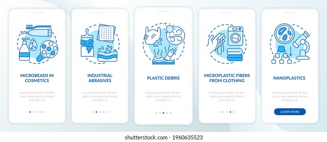 Fuentes de microplásticos y tipos a bordo de la pantalla de la aplicación móvil con conceptos. Caminata de abrasivos industriales a través de 5 pasos de instrucciones gráficas. plantilla de vector de interfaz de usuario con ilustraciones de color RGB