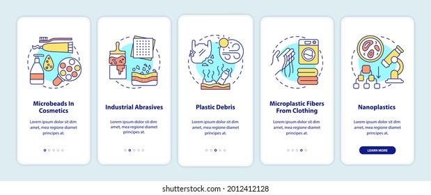 Microplastics sources and types onboarding mobile app page screen with concepts. Microbeads in cosmetics walkthrough 5 steps graphic instructions. UI vector template with RGB color illustrations