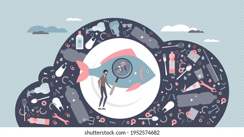 Microplastics water pollution with plastic fragments tiny persons concept. Ocean and sea fish contamination with micro garbage and rubbish particles vector illustration. Environmental food problem.