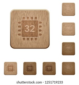 Microprocessor 32 bit architecture on rounded square carved wooden button styles