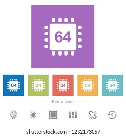 Microprocessor 64 bit architecture flat white icons in square backgrounds. 6 bonus icons included.