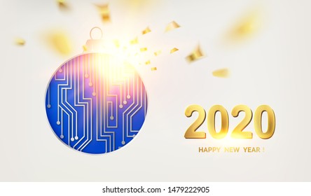 Microprocessor circuitry christmas design toy and golden confetti falls isolated over white background. Vector illustration.