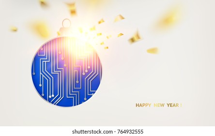 Microprocessor circuitry christmas design toy and golden confetti falls isolated over white background. Vector illustration.