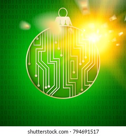 Microprocessor circuitry christmas design toy and golden spark isolated over green background. Vector illustration.