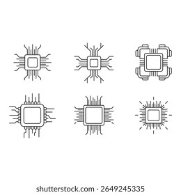 Microprocessor Icons Six Linear Style Illustrations Technology Clean Design Modern Abstract Digital Engineering White Background