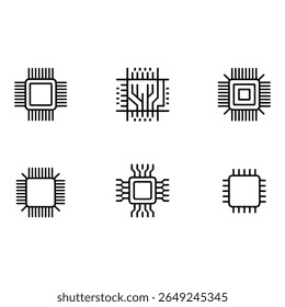 Microprocessor Icons Six Minimalist Line Art Designs Technology Digital Simple Clean Style