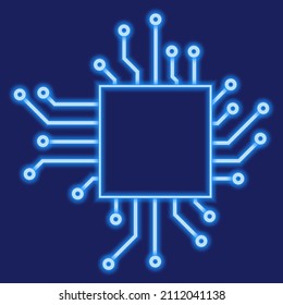 Microprocessor illustration. Microcontroller appearance. Vector illustration. Electronics. Neon design element.