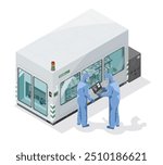 microprocessor and microship industry engineer working on high tech hardwere factory machine isometric cartoon isolated