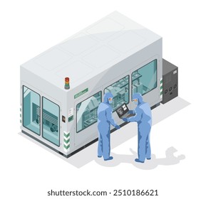 microprocessor and microship industry engineer working on high tech hardwere factory machine isometric cartoon isolated