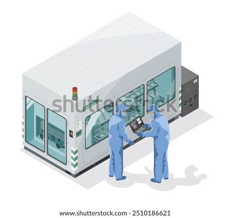 microprocessor and microship industry engineer working on high tech hardwere factory machine isometric cartoon isolated