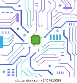 Microprocessor and motherboard computer. Vector of hardware and microprocessor, processor technology circuit, cpu microchip gpu, mainboard core, board electronic illustration