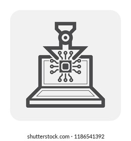 Microprocessor, processor or CPU vector icon. Electronic hardware part with robot hand holding, placing in board, motherboard inside laptop or computer. To upgrade, manufacture or production industry.