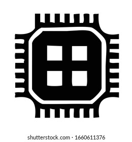 microprocessor, processor, microchip, chip silhouette, symbol, outline, vector illustration, in black and white color, isolated on white background