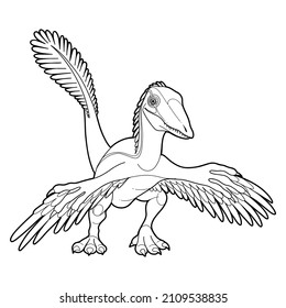 Microraptor isolated on a white background. Prehistoric world of dinosaurs. Vector line graphics for coloring books