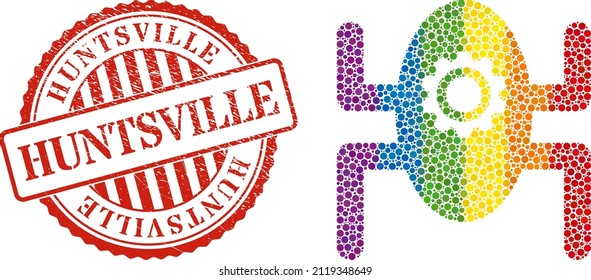 Microrobot mosaic icon of round dots in different sizes and rainbow colored shades. Red round rubber seal with Huntsville title. A dotted LGBT- colored microrobot for lesbians, gays, bisexuals,