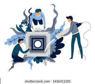 Microscheme soldering and programmers artificial intelligence creation abstract concept vector engineering male characters and metal part mechanism futuristic AI or robotic technologies development