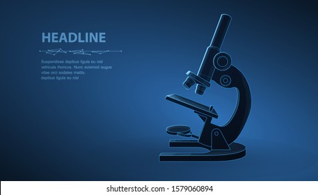 Microscope. Abstract vector 3d professional school microscope isolated on blue background. Science laboratory, medical equipment concept. Lab research, microbiology analyze, clinical diagnostic symbol