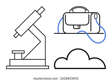 Microscope alongside a business briefcase and a cloud symbol, representing science, commerce, and digital connectivity. Ideal for presentations, education materials, infographics, websites