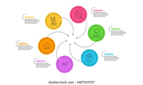 Microscope, Analytics chart and Ship line icons set. Infographic timeline. Swipe up, Elastic and 360 degrees signs. Chemistry laboratory, Report analysis, Shipping watercraft. Scrolling arrow. Vector