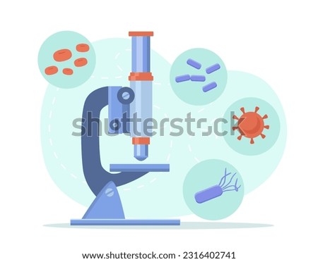 Microscope and bacteria concept. Biology and chemistry, scientific research. Device for analysis of cells and molecules. Education and training, experiment. Cartoon flat vector illustration