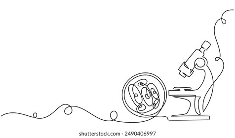 Microscope with bio cells in ocular. Education and research concept. Scientific biology. Continuous one line drawing. Vector illustration