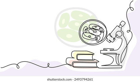 Microscope with bio cells in ocular. Education and research concept. Scientific biology. Continuous one line drawing. Vector illustration