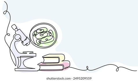 Microscope with bio cells in ocular. Education and research concept. Scientific biology. Continuous one line drawing. Vector illustration